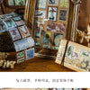 A collection of vintage stamp tape stickers and paper elements for scrapbooking displayed on a wooden surface.