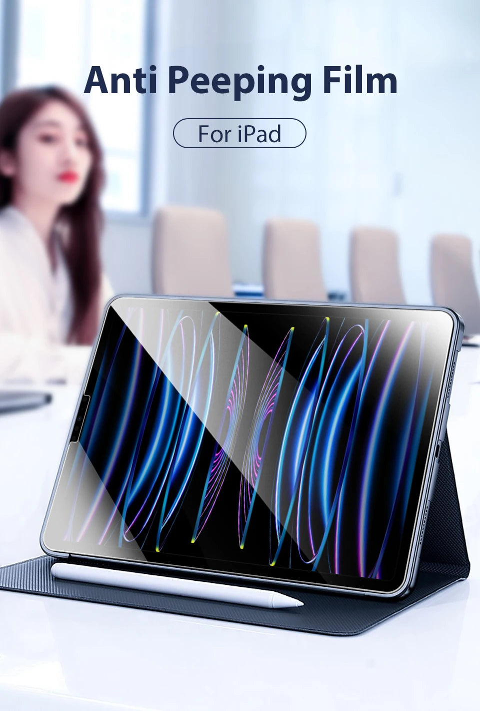 A close-up of an iPad screen showing anti-peeping film protection on a device.