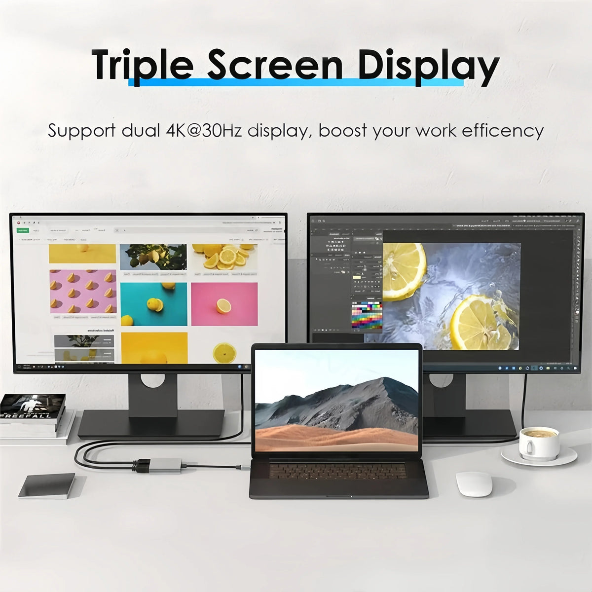 A triple screen display setup featuring a laptop connected to two external monitors and a docking station.