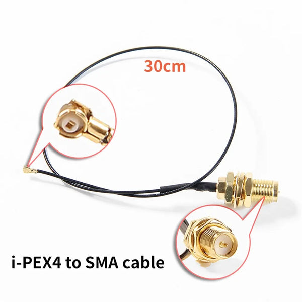 Cable i-PEX4 a SMA con un cable negro de 30 cm y detalles del conector