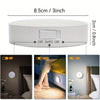 A white LED vanity mirror with an auto on/off switch, shown in three states: off, auto, and on.