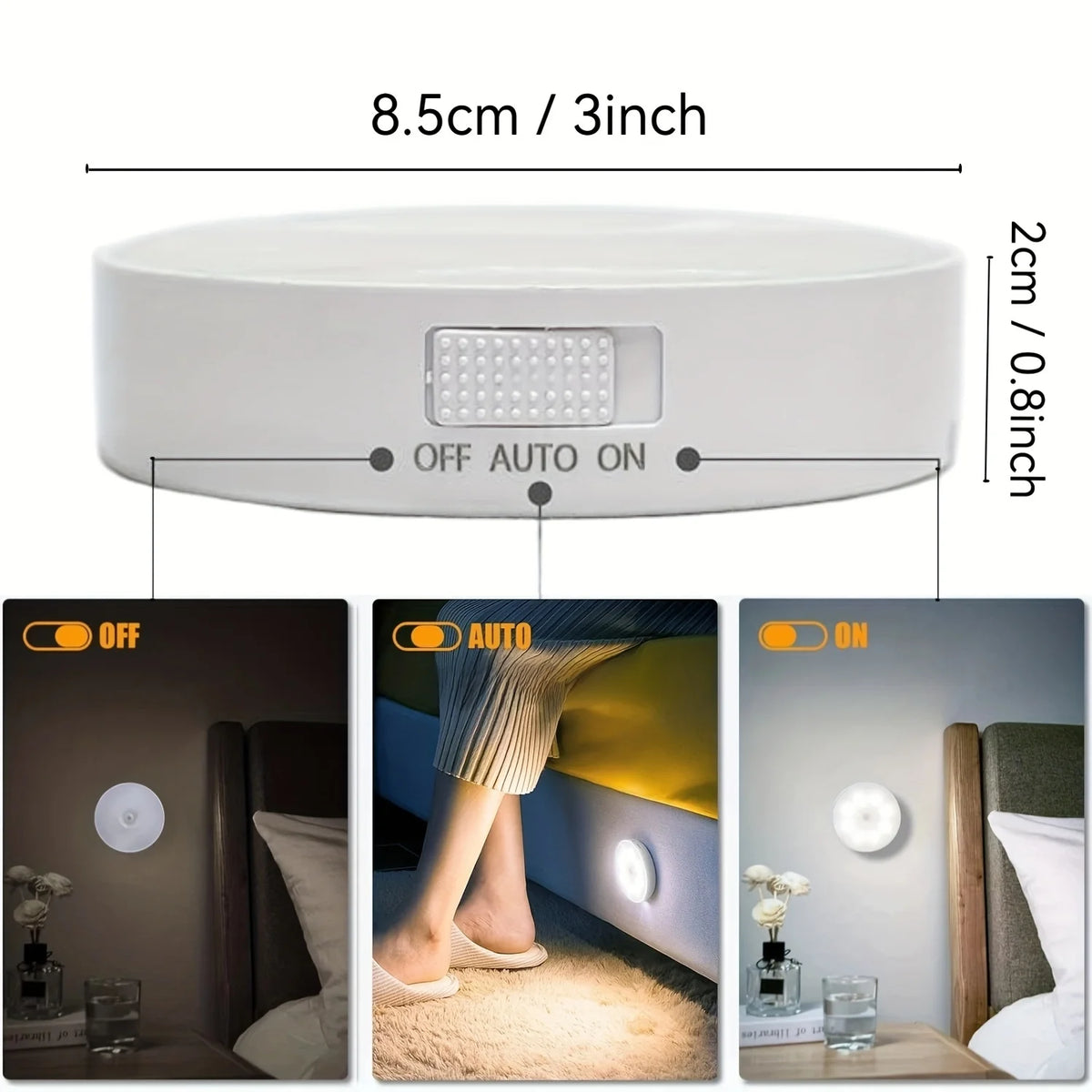 A white LED vanity mirror with an auto on/off switch, shown in three states: off, auto, and on.