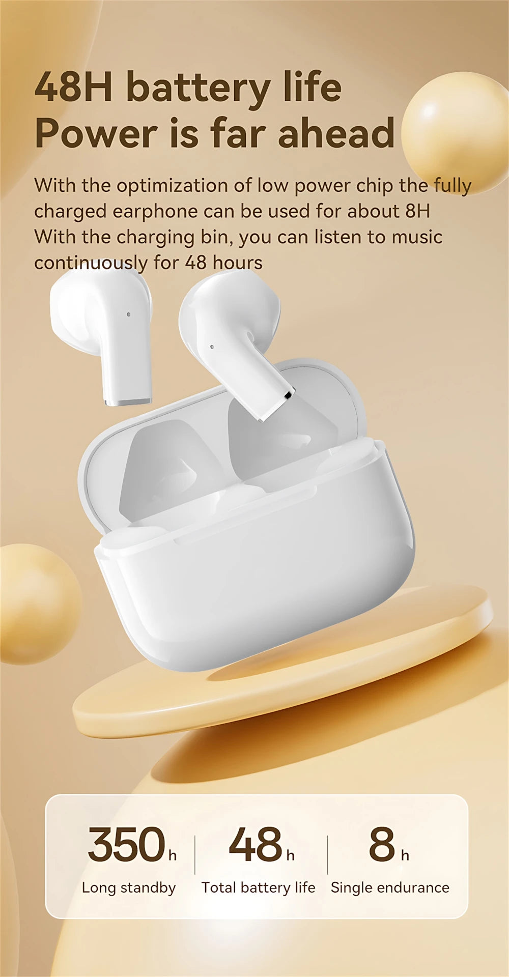 White wireless earbuds in a charging case with text highlighting 48H battery life and endurance.