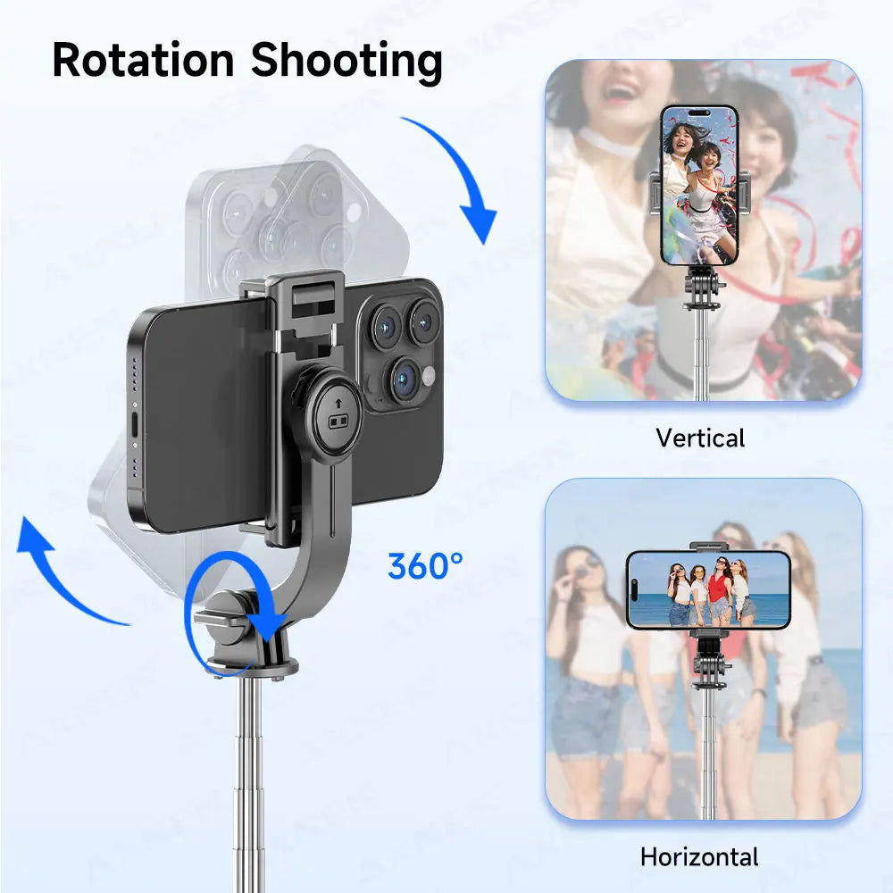 A versatile selfie stick tripod demonstrating vertical and horizontal rotation shooting capabilities.