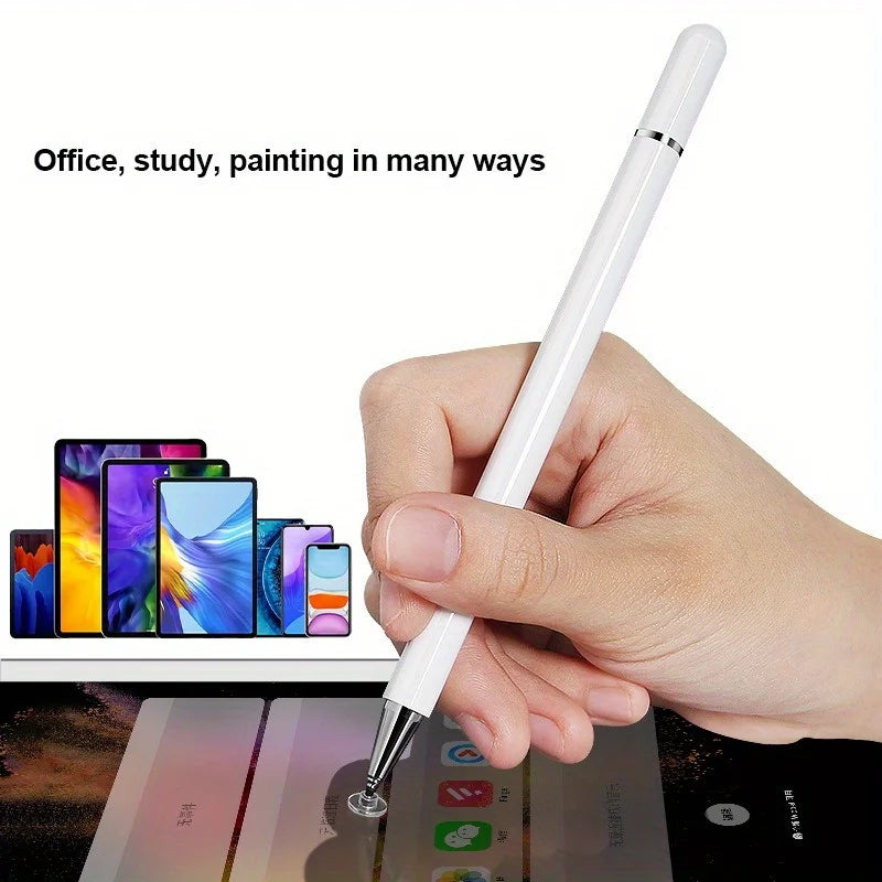 Eine Hand hält einen weißen Präzisionsmetallstift über einen Tabletbildschirm, der für Büro, Studium und Malerei verwendet wi