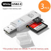 White USB 2.0 SDXC card reader with a flash drive and memory cards