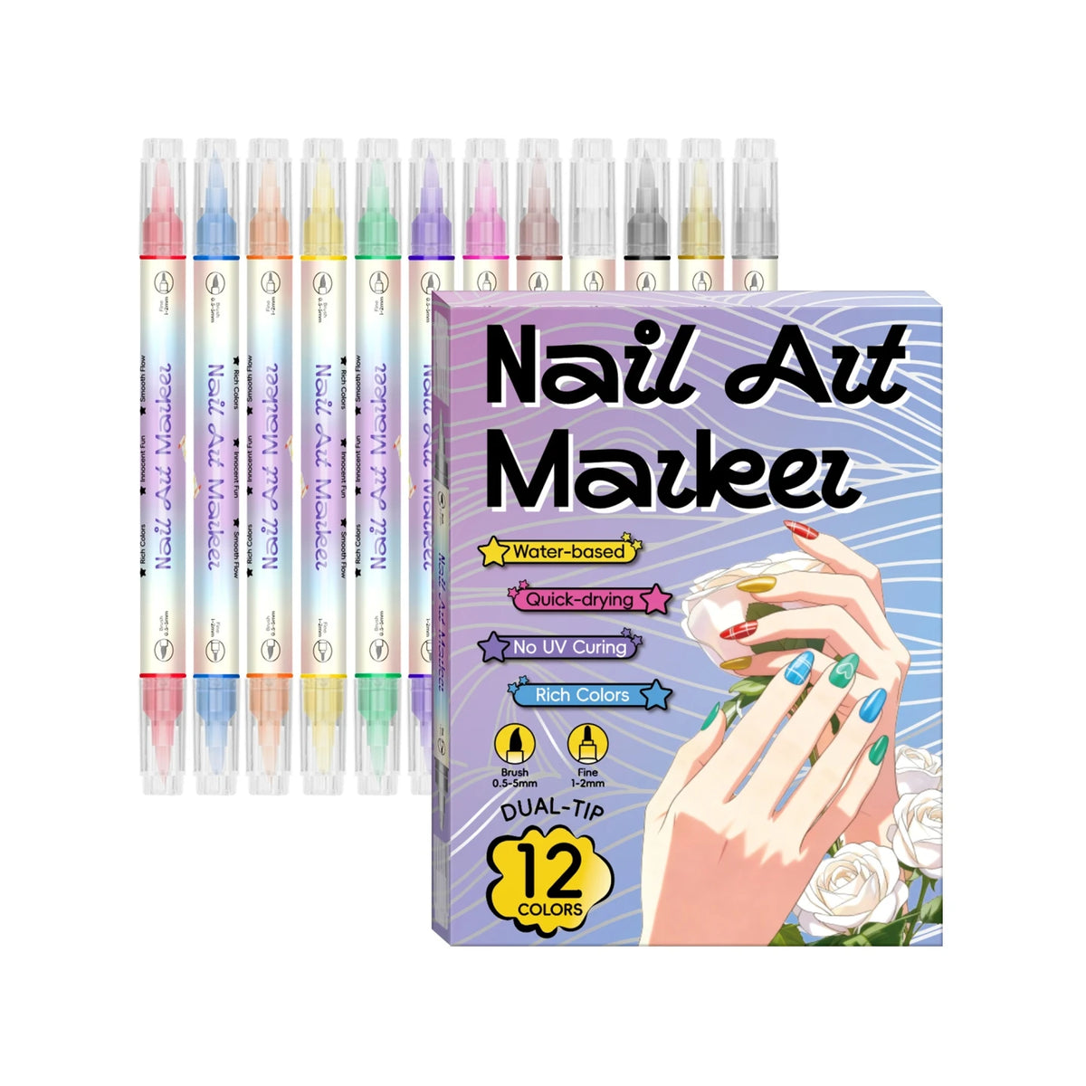 A set of 24 nail art markers in various metallic shades displayed in a box with a hand painting nails.