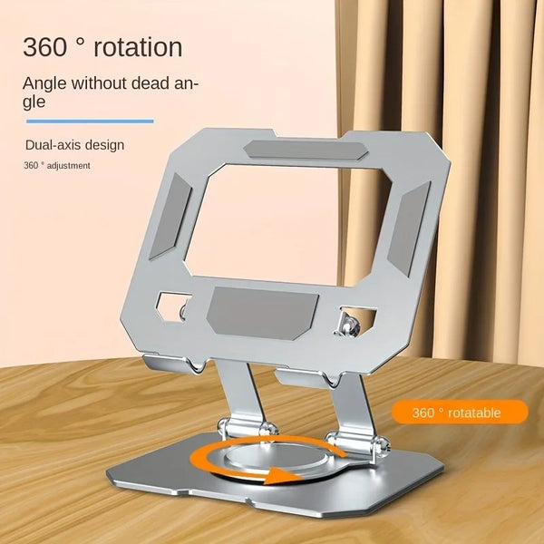 A silver tablet stand featuring a dual-axis design allowing 360 degree rotation and angle adjustment.