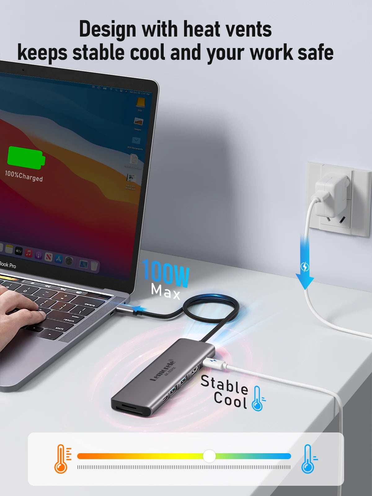 A laptop is connected to a portable 100W max stable cool power adapter for safe operation.