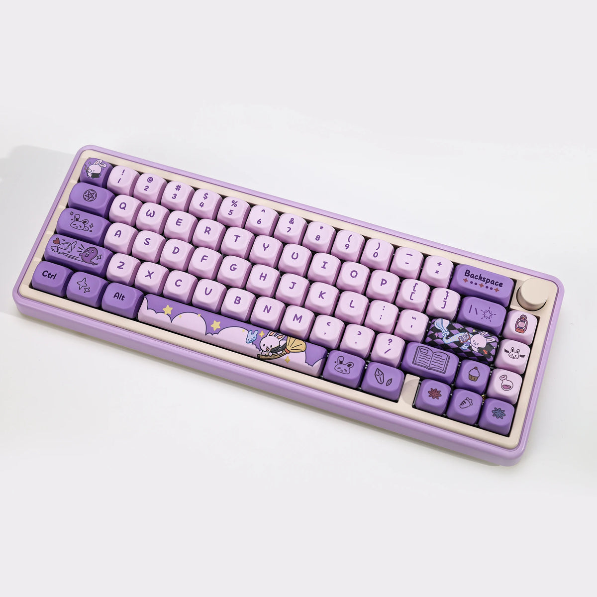A purple Magic Bunny PBT keycap set featuring a KOA profile and dye-sublimated design.