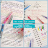 A collection of colorful gel pens, including markers and fine-tipped pens, are shown alongside notebooks with handwritten not