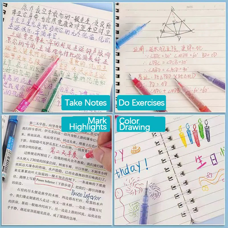 A collection of colorful gel pens, including markers and fine-tipped pens, are shown alongside notebooks with handwritten not
