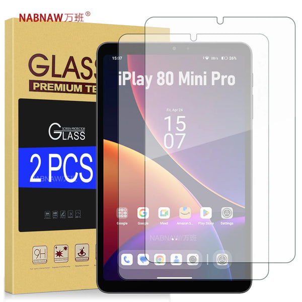 A box for iPlay 80 Mini Pro tempered glass screen protectors is shown next to the installed device.
