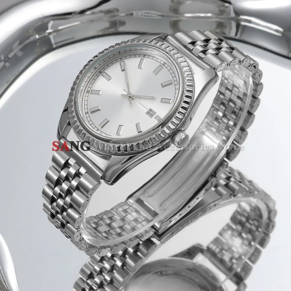A close-up shot of a polished stainless steel watch with a silver dial and bracelet on a reflective surface.