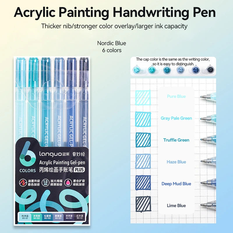 A set of six Nordic Blue acrylic painting handwriting pens with various colors and tips displayed next to a color chart.
