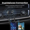 A car stereo interface showing a dual device connection feature with two smartphones connected simultaneously.