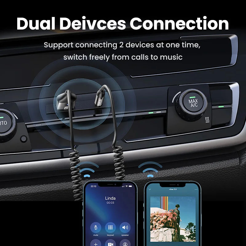 A car stereo interface showing a dual device connection feature with two smartphones connected simultaneously.
