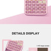 A pink plastic button scientific calculator with a protective cover and display details.
