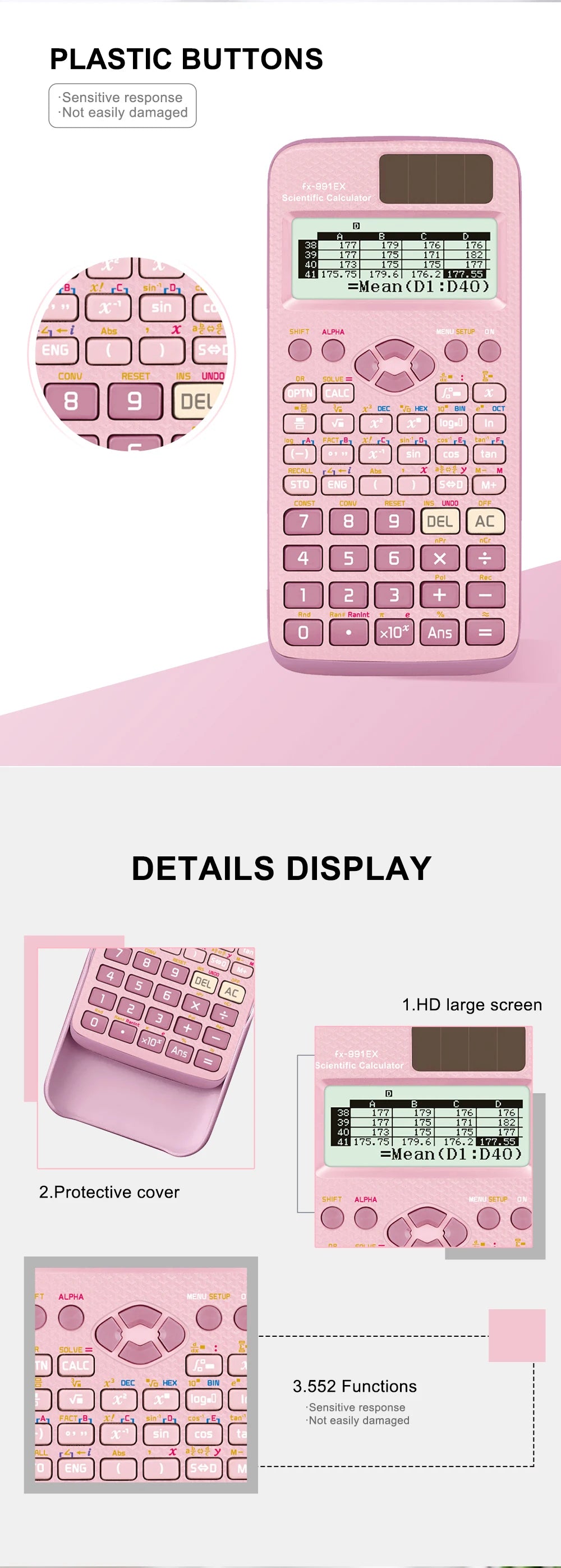 A pink plastic button scientific calculator with a protective cover and display details.