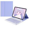 Lila magnetischer Leder-Keyboard-Halter für ein Apple iPad neben einem Laptop mit Anime-Kunst
