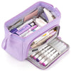 A purple canvas double-deck pencil case filled with various pens, pencils, and markers.