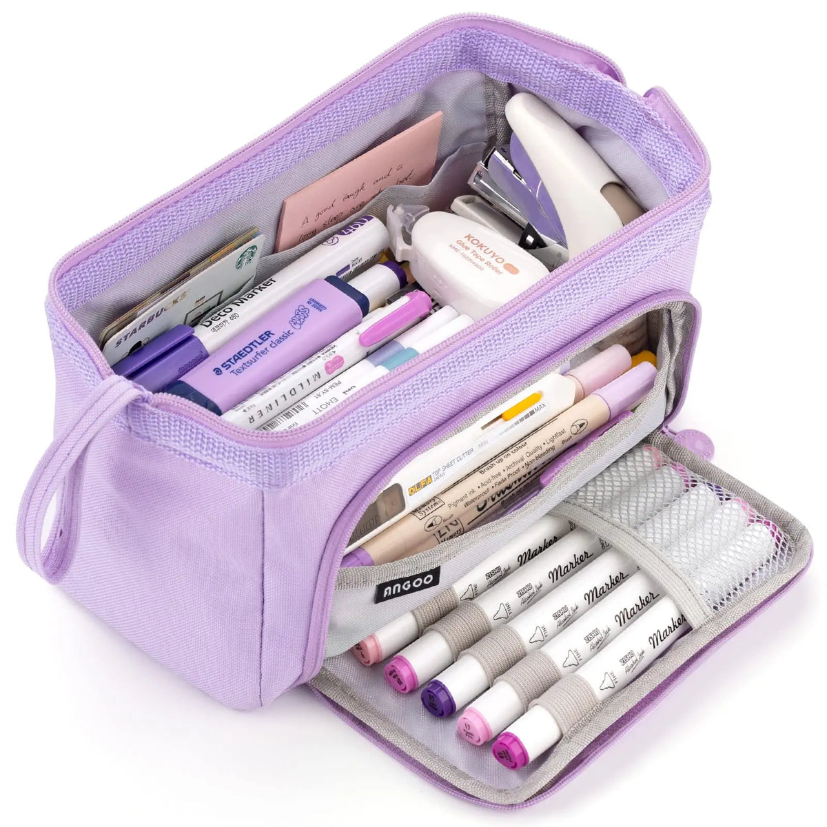 A purple canvas double-deck pencil case filled with various pens, pencils, and markers.