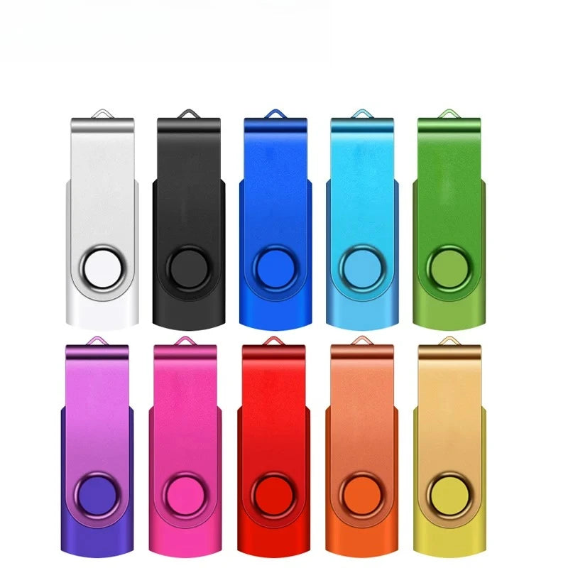 Ein Set von zehn Metall-USB-Sticks in verschiedenen Farben, darunter Silber, Schwarz, Blau, Grün, Pink, Rot, Orange und Gelb.