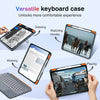 A versatile keyboard case for an iPad showing various uses like drawing, watching movies, and playing games.