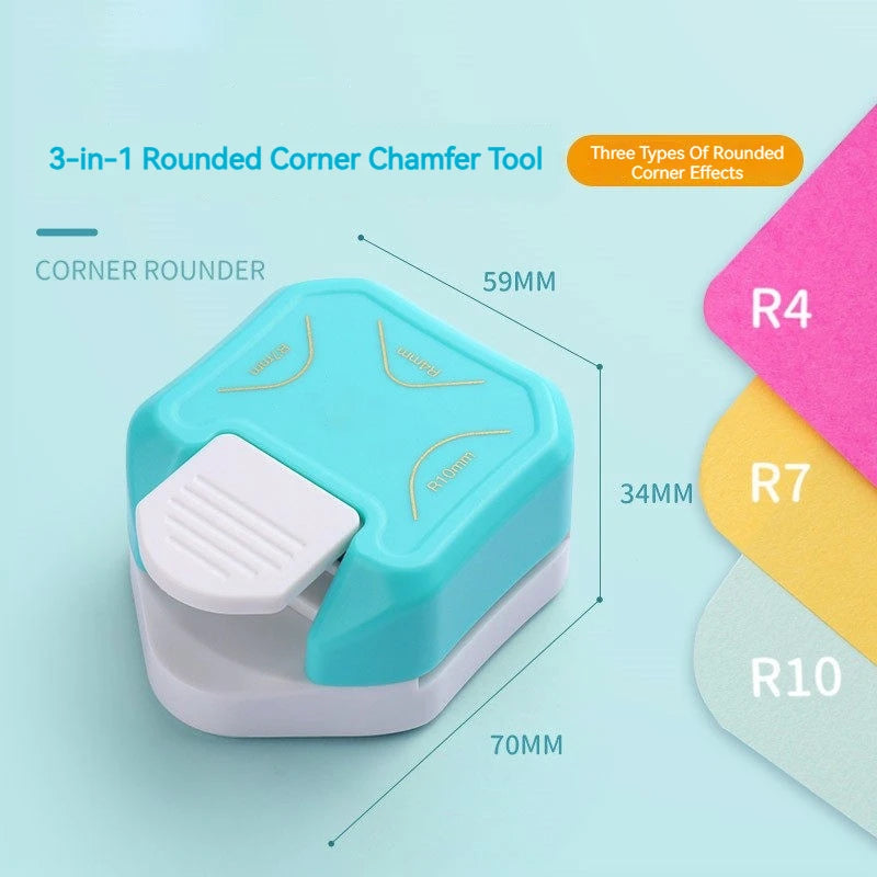 A teal and white 3-in-1 rounded corner chamfer tool with various rounder effects shown on a light blue background.
