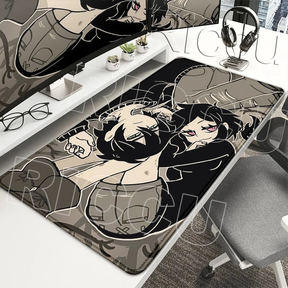A gaming mouse pad featuring a stylized illustration of a character with dark hair and pink eyes.