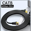 Black Cat8 Ethernet cable with gold connectors shown coiled on a computer port.