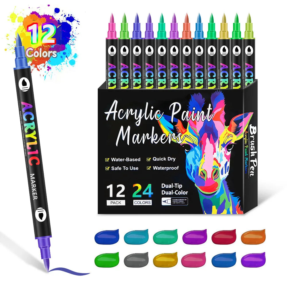 A set of 12 acrylic paint markers in various colors and a single marker shown for crafting