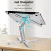 A silver laptop stand is shown supporting a tablet, designed for heat dissipation and keeping the device cool.
