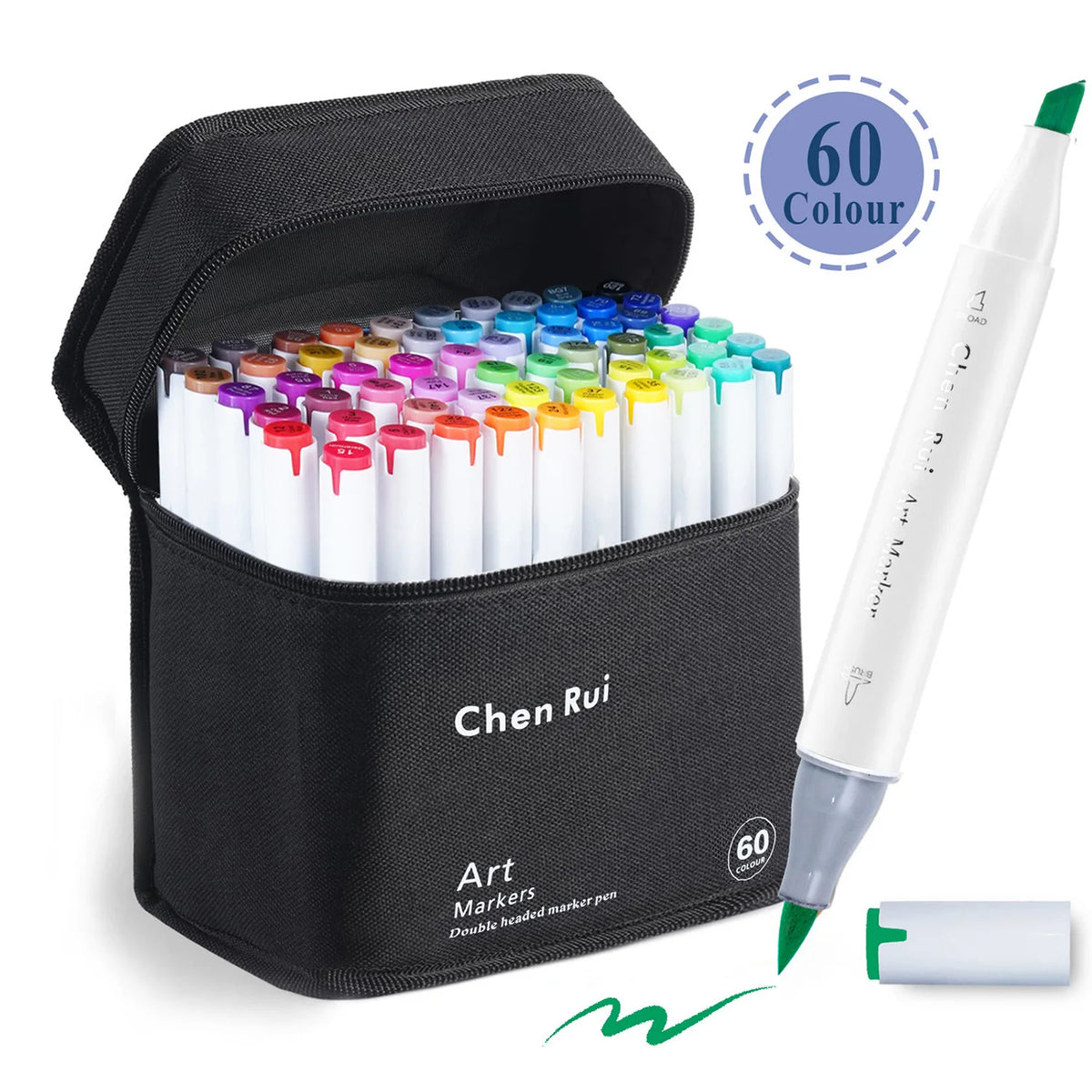 A black box containing a set of 60 double-headed alcohol art markers and a single marker pen.