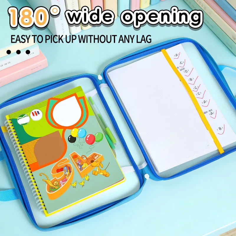 A blue transparent mesh file bag is shown open, displaying a notebook and a sheet of paper with a 180 degree wide opening fea