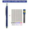 A set of one blue pen, ten refills, and one box of lead, including four black, four blue, and two red pens.
