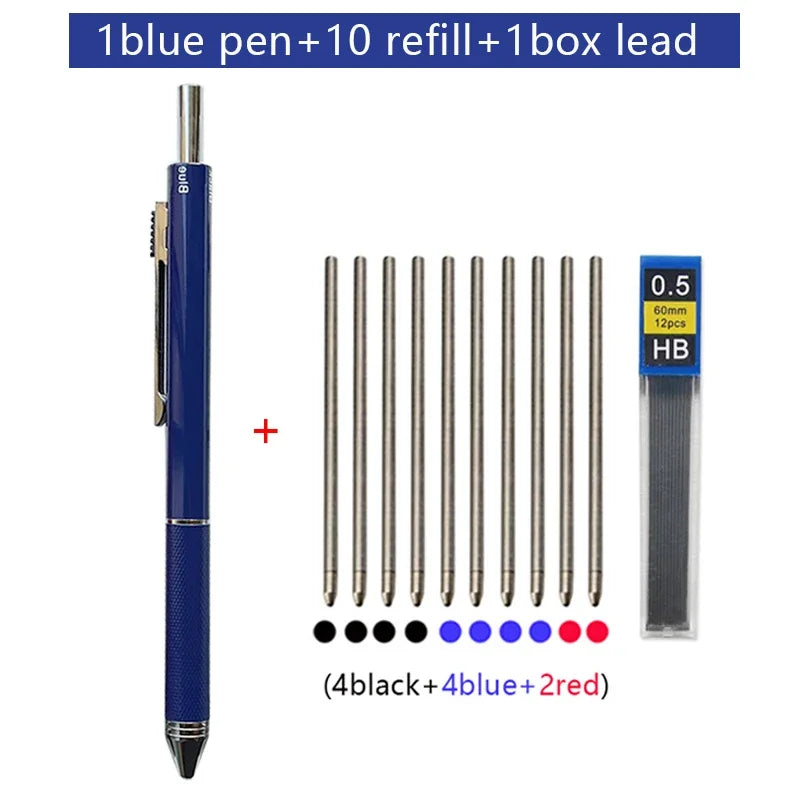 A set of one blue pen, ten refills, and one box of lead, including four black, four blue, and two red pens.
