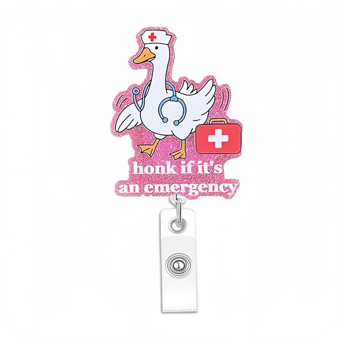 A pink and white illustration of a duck wearing a doctor's coat with a stethoscope and a medical bag, with the text honk if i