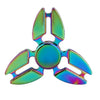 A rainbow metal fidget spinner with a hexagonal design, featuring iridescent and holographic colors.