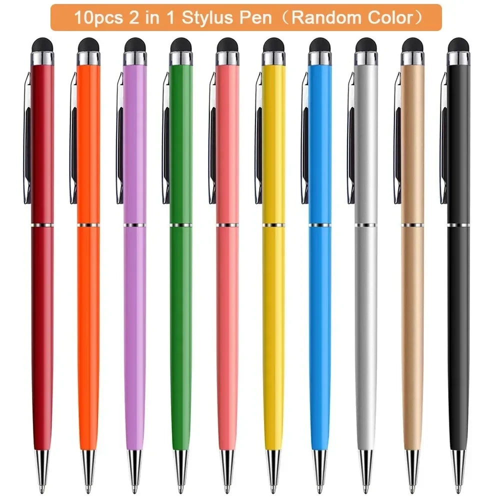 A set of ten precision universal touch stylus pens in various random colors displayed vertically.