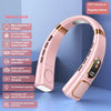 A pink portable bladeless neck fan with a digital display and LED lighting is shown against a blue background.