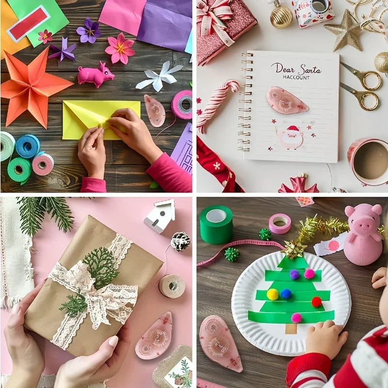A collection of festive crafting materials including pink and green adhesive tape rollers, gift wrapping paper, and decorativ