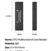 A black OTG multifunctional card reader device showing its dimensions and features.
