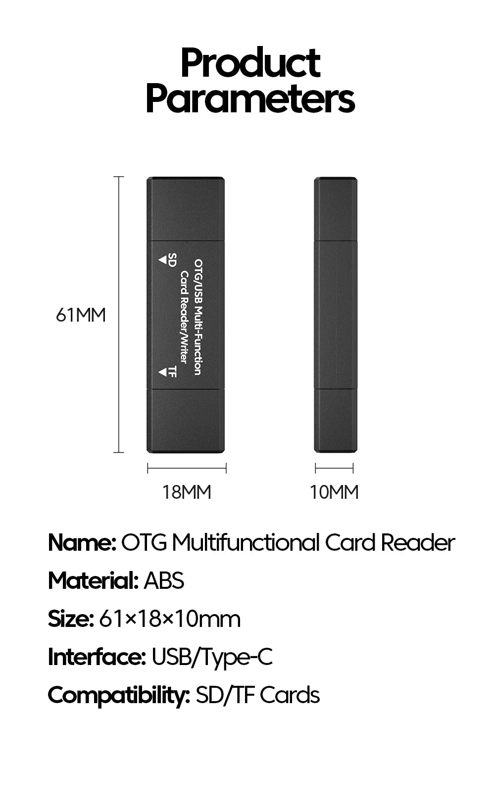A black OTG multifunctional card reader device showing its dimensions and features.