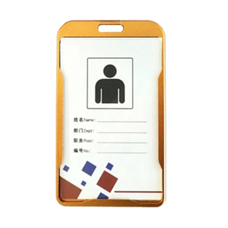 Soporte de credencial rectangular de color dorado con tarjeta de plástico blanca que muestra la silueta de una persona.