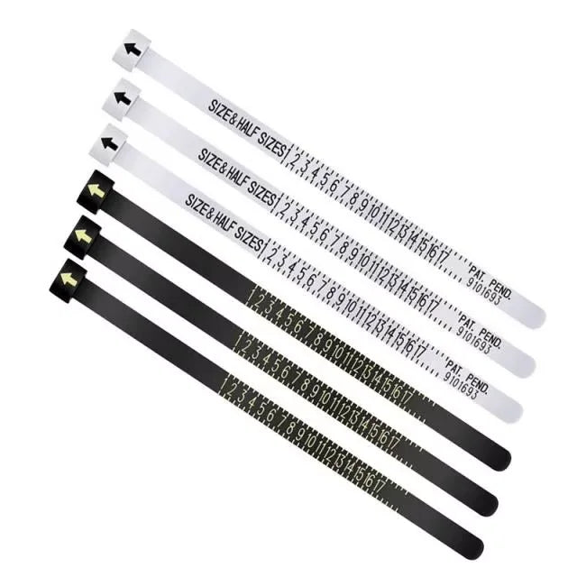 A set of reusable ring sizer measuring tools showing various finger sizes and measurements.