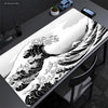 Extra-large mouse pad featuring a detailed black and white illustration of The Great Wave of Kanagawa