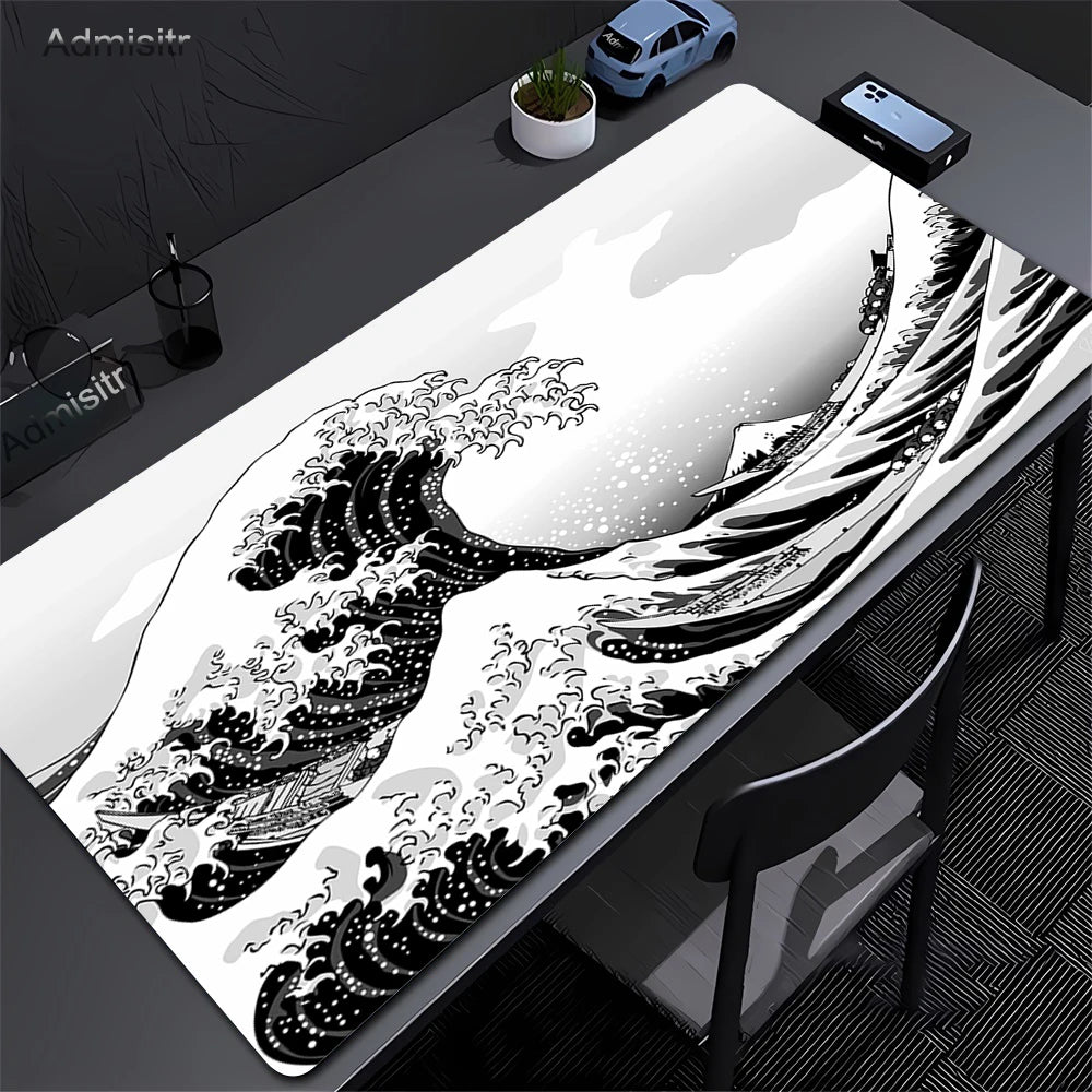 Extra-large mouse pad featuring a detailed black and white illustration of The Great Wave of Kanagawa