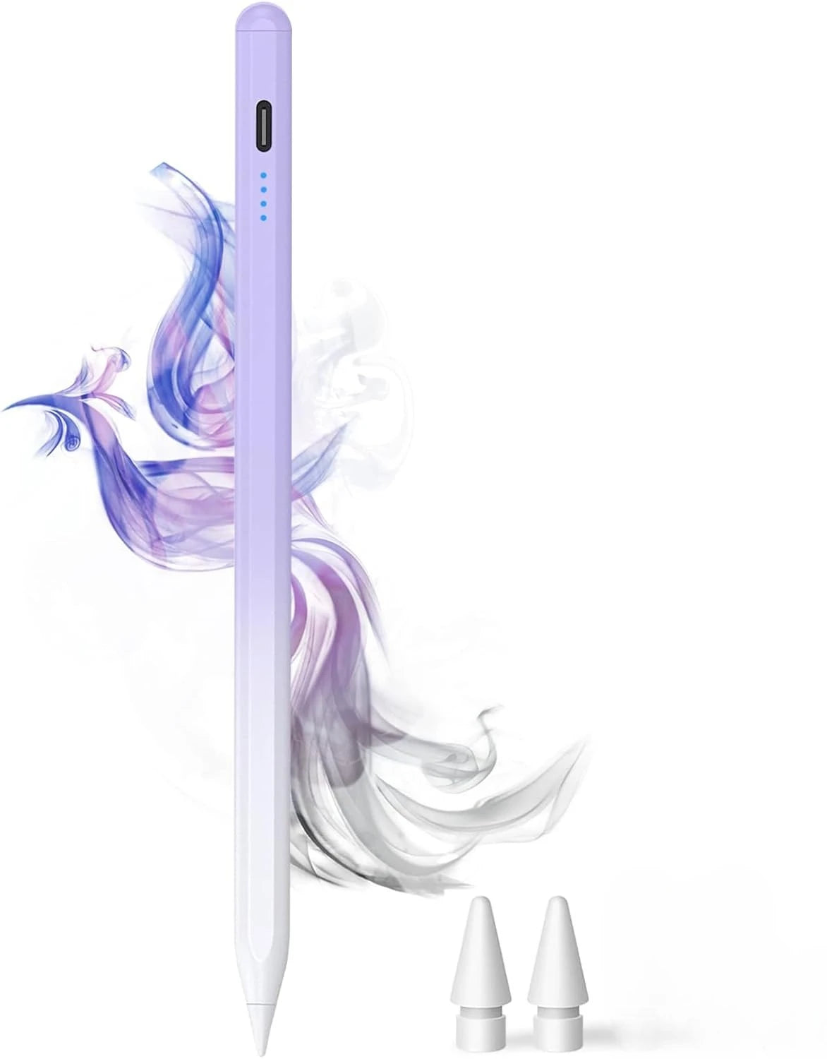 A purple precision stylus is shown next to two white tips.