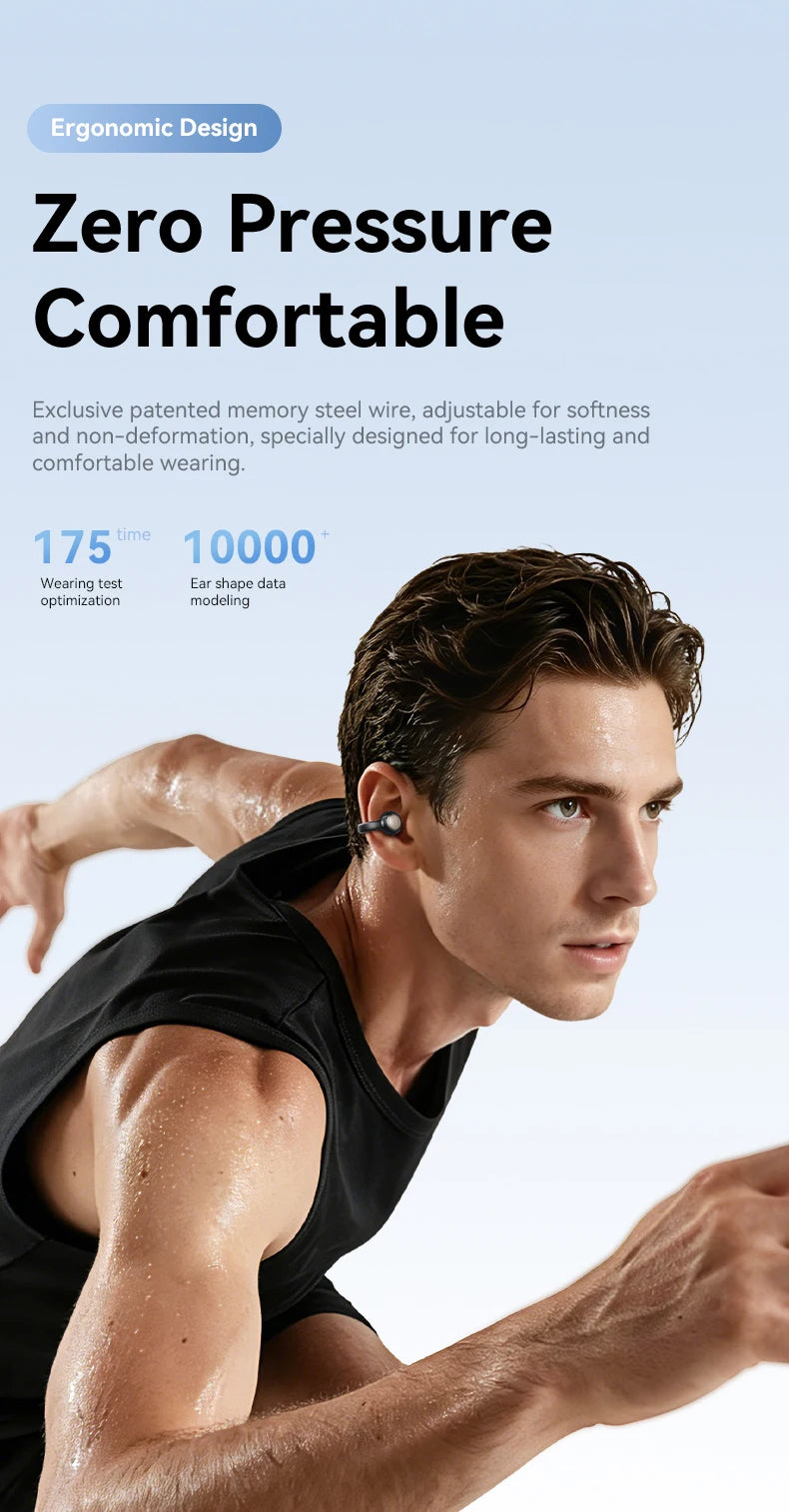 A man is shown exercising while wearing black athletic clothing and an earbud.